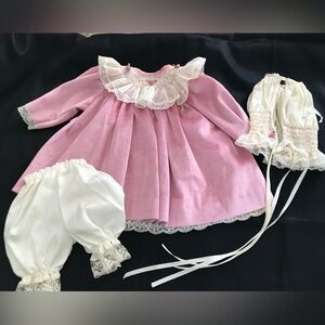 Vintage Baby Pink Dress Lace Smocked Bonnet Set Girls 0-6M